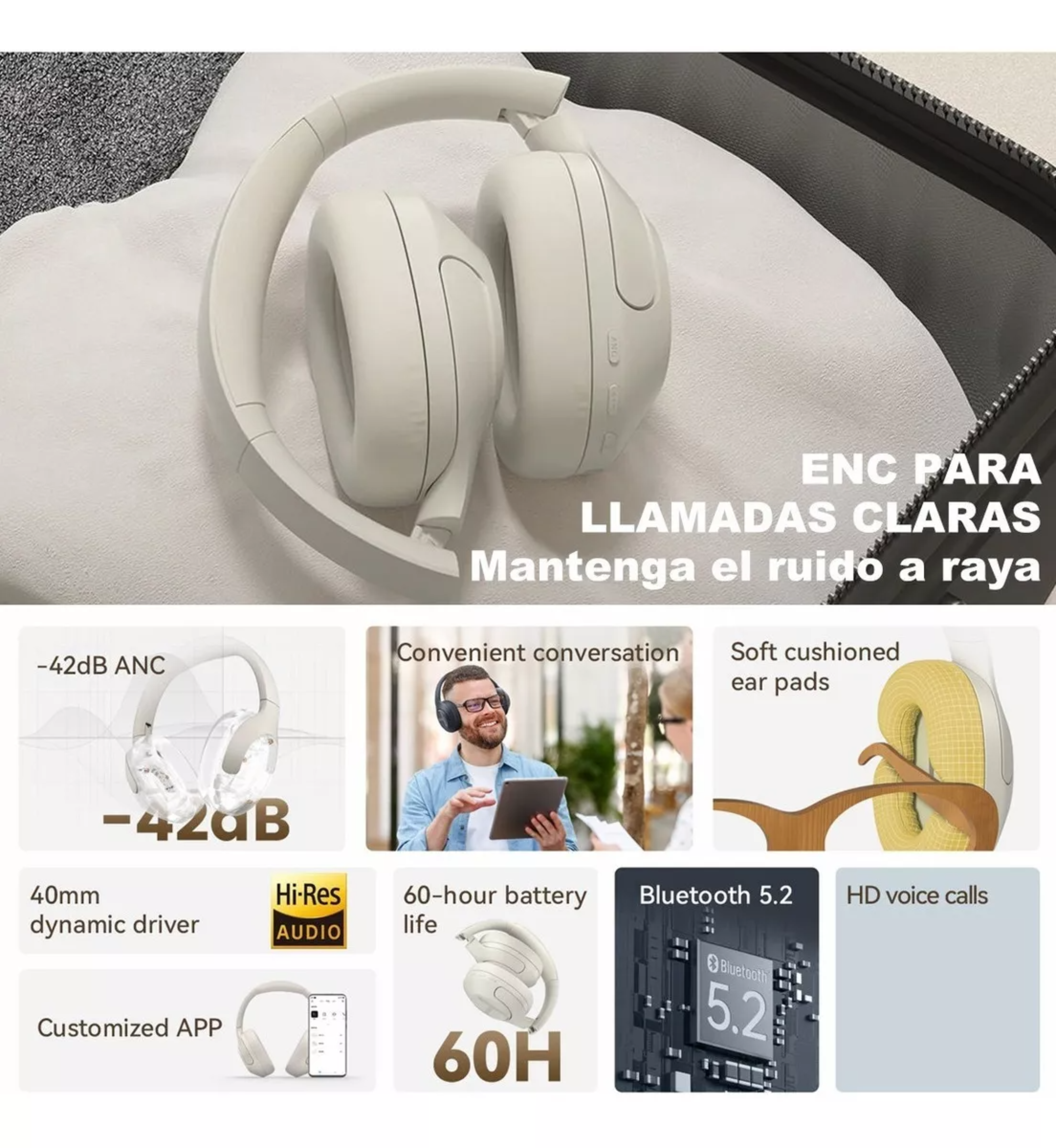 Haylou S35 Anc Audífonos Inalámbricos Gamer Diadema Con Cable, Cancelación De Ruido, Llamadas De Voz Hd, Control Táctil, Bluetooth 5,2, 40mm Driver, 60h De Reproducción, Blanco.