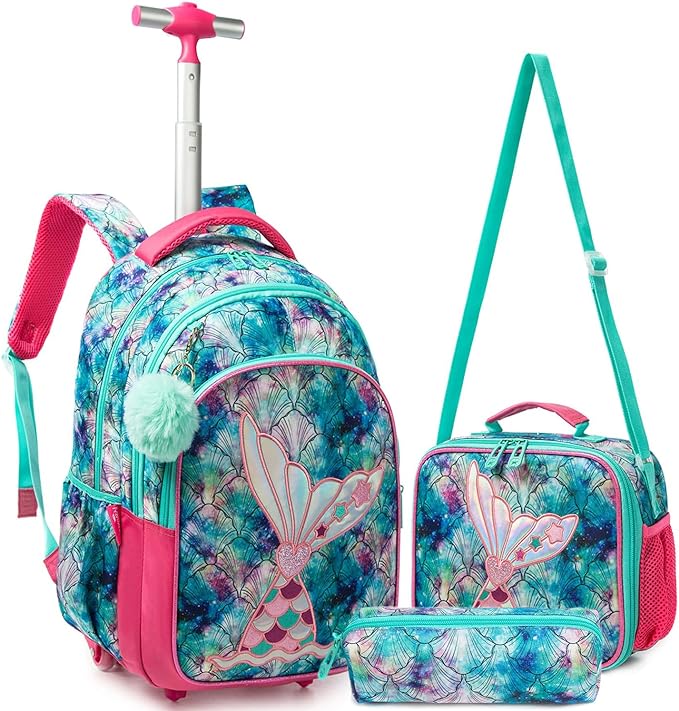 A Mochilas con ruedas para niñas, 3 Piezas mochila carro niña, Mochila niña con escamas de sirena, Mochila con Bolsa para el Almuerzo y Bolsa para lápices, para niñas de 6 a 12 niñas(Azul marino).