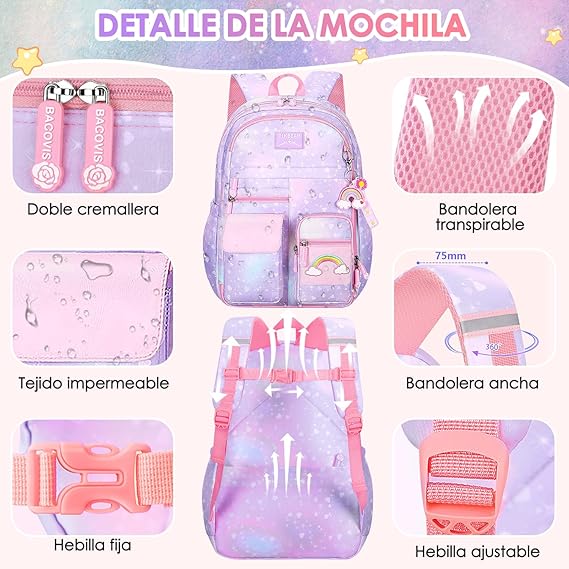 A Nasjac Mochilas Escolares para Niñas de Primaria, 7 Piezas Gran Capacidad Mochila Infantil Adolescentes con Fiambrera y Estuche, Impermeable Bolsa Escolar para Niños.