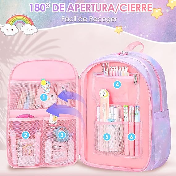 A Nasjac Mochilas Escolares para Niñas de Primaria, 7 Piezas Gran Capacidad Mochila Infantil Adolescentes con Fiambrera y Estuche, Impermeable Bolsa Escolar para Niños.