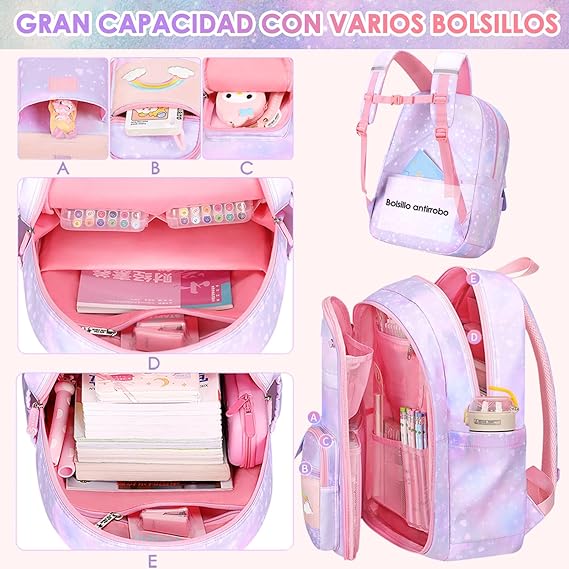 A Nasjac Mochilas Escolares para Niñas de Primaria, 7 Piezas Gran Capacidad Mochila Infantil Adolescentes con Fiambrera y Estuche, Impermeable Bolsa Escolar para Niños.