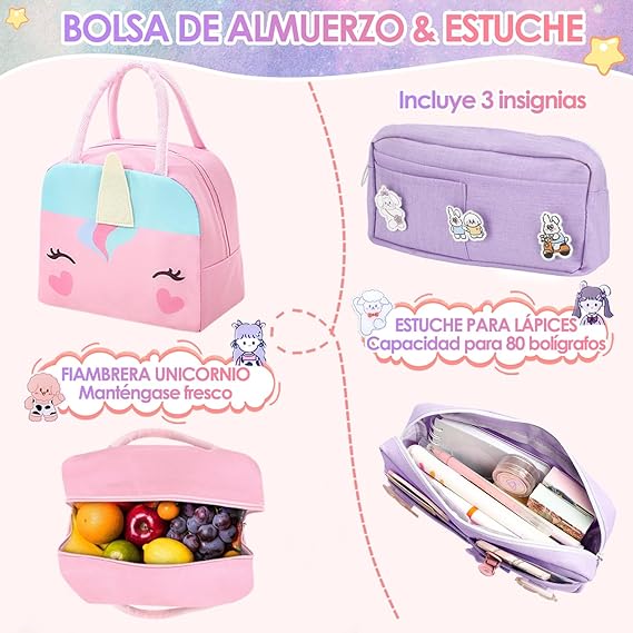 A Nasjac Mochilas Escolares para Niñas de Primaria, 7 Piezas Gran Capacidad Mochila Infantil Adolescentes con Fiambrera y Estuche, Impermeable Bolsa Escolar para Niños.