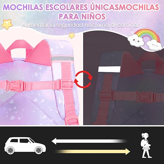 A Nasjac Mochilas Escolares para Niñas de Primaria, 7 Piezas Gran Capacidad Mochila Infantil Adolescentes con Fiambrera y Estuche, Impermeable Bolsa Escolar para Niños.