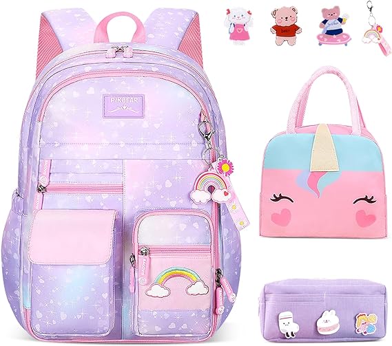 A Nasjac Mochilas Escolares para Niñas de Primaria, 7 Piezas Gran Capacidad Mochila Infantil Adolescentes con Fiambrera y Estuche, Impermeable Bolsa Escolar para Niños.