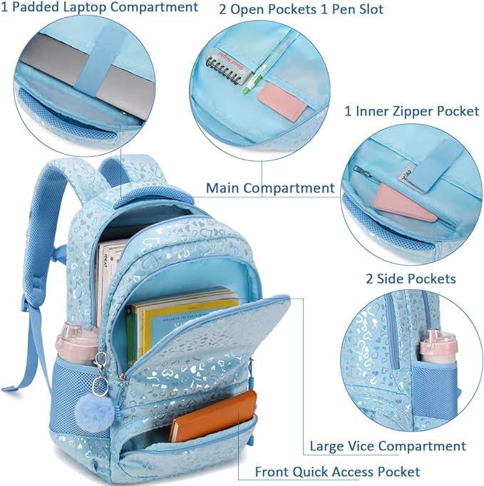 A Juego de mochilas para niñas Mochila escolar para niños Preescolar Jardín de infancia Escuela primaria Mochila con bolsa de almuerzo 3 en 1 Juego Mochila de peluche resistente al agua.