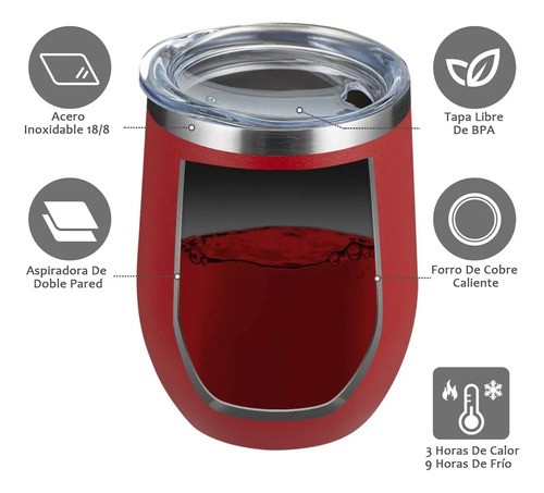 "Vaso Termico Vino Café Te 12oz Acero Inoxidable  Rojo "