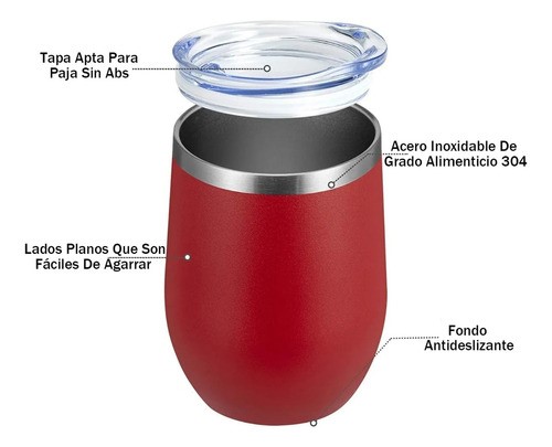 "Vaso Termico Vino Café Te 12oz Acero Inoxidable  Rojo "