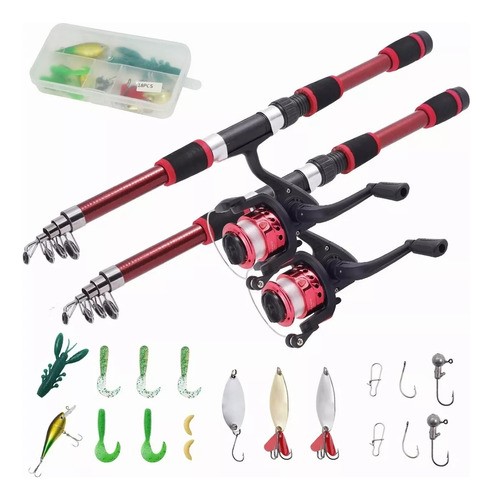 "2 Kits De Pesca 1.8m Caña Carrete Señuelo Accesorio Completo Rojo "