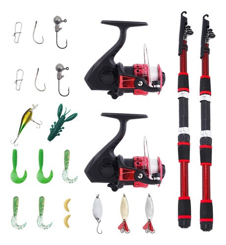 "2 Kits De Pesca 1.8m Caña Carrete Señuelo Accesorio Completo Rojo "