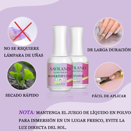 "Saviland Base Y Top Coat, Dip Activador De Polvo Paso #3 "