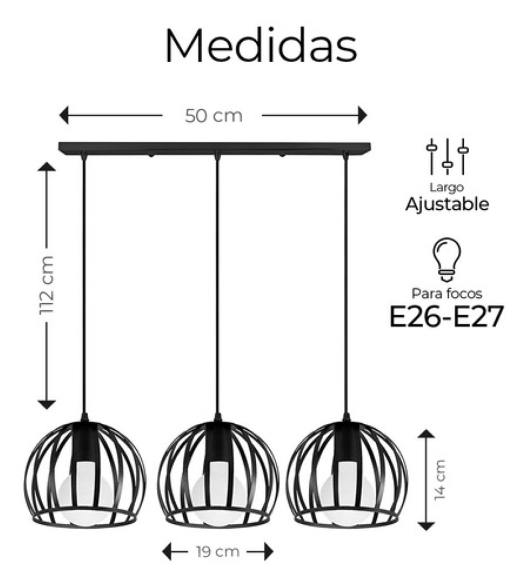 "Lámpara Colgante De Techo Vintage Metal Ajustable Moderna 3 en 1 negra "