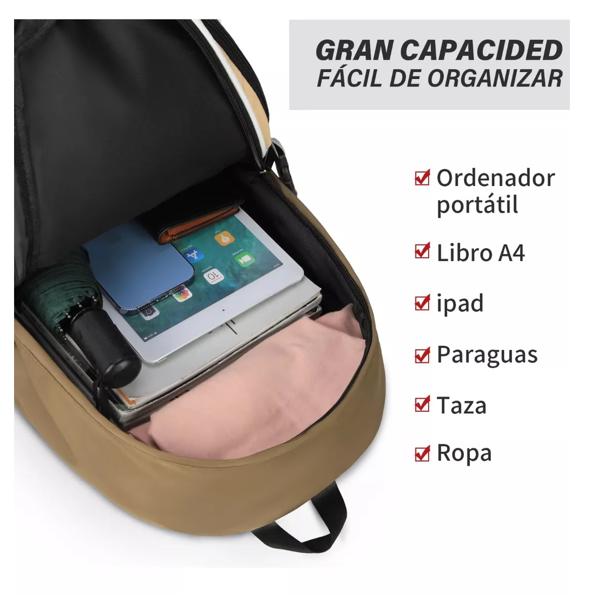 Mochila Para Laptop Portátil Impermeable Caqui.