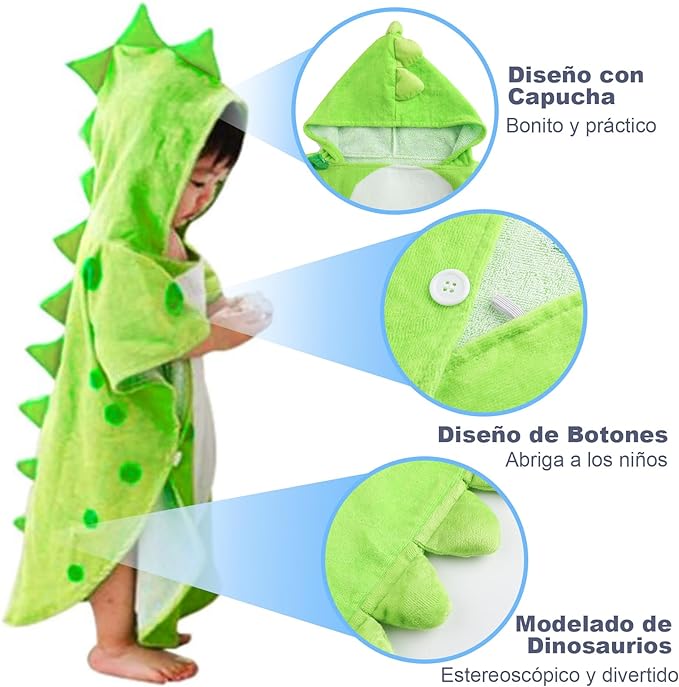A Jogoi Toalla de Baño con Capucha para Niños Albornoz de Diseño Dinosaurio Poncho 100% Algodón Súper Suave y Absorbente Bata de Baño para Ducha Piscina Playa Camping.