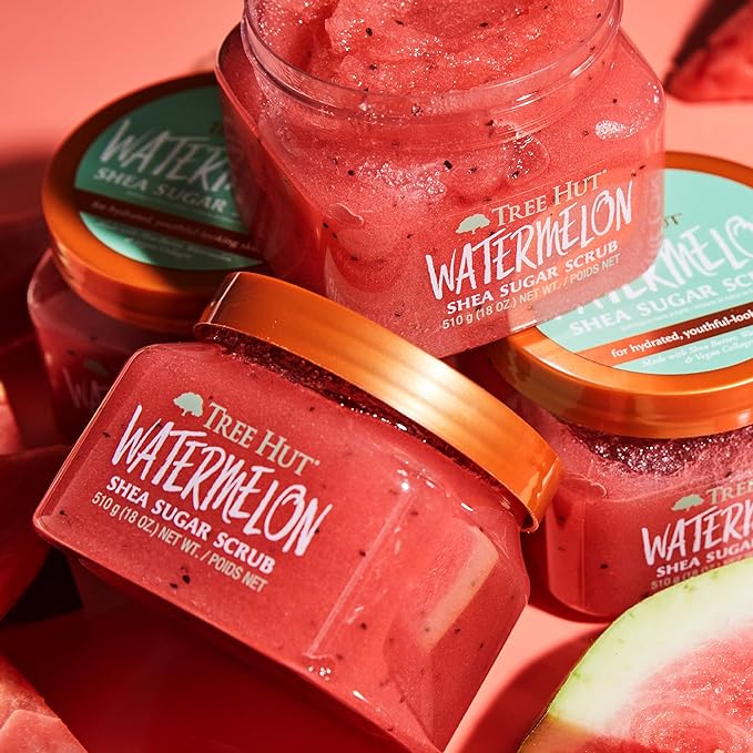 A TREE HUT, Watermelon Shea Sugar Scrub, Exfoliante Corporal de Azúcar Natural con Manteca de Karité y Esencia de Sandía, Exfolia e Hidrata la Piel, 510 gramos.
