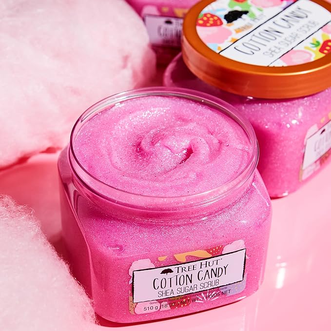 A TREE HUT, Cotton Candy Shea Sugar Scrub, Exfoliante Corporal de Azúcar Natural con Manteca de Karité y Esencia de Algodón de Azúcar, Exfolia e Hidrata la Piel, 510 gramos.