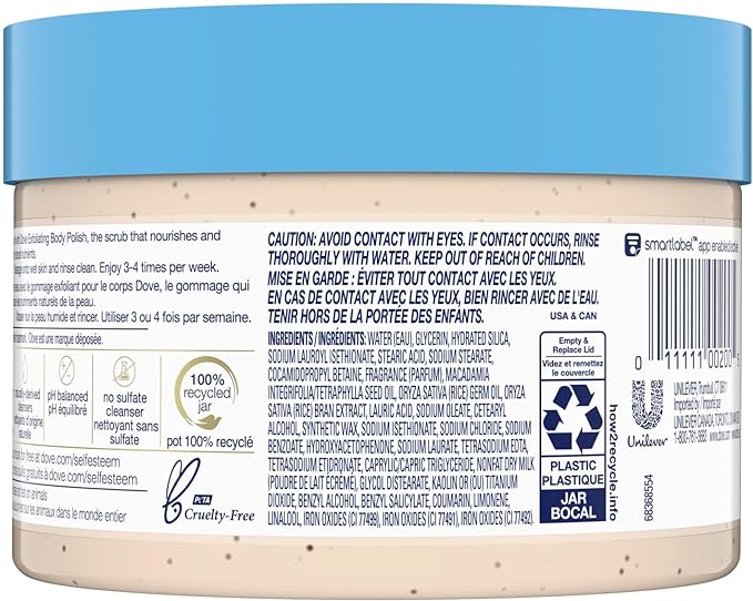 A Dove, Exfoliating Body Polish, Macadamia and Rice Milk, Exfoliante Corporal, Macadamia y Leche de Arroz, Piel Suave y Nutrida, Sin Sulfatos, 298 gramos.