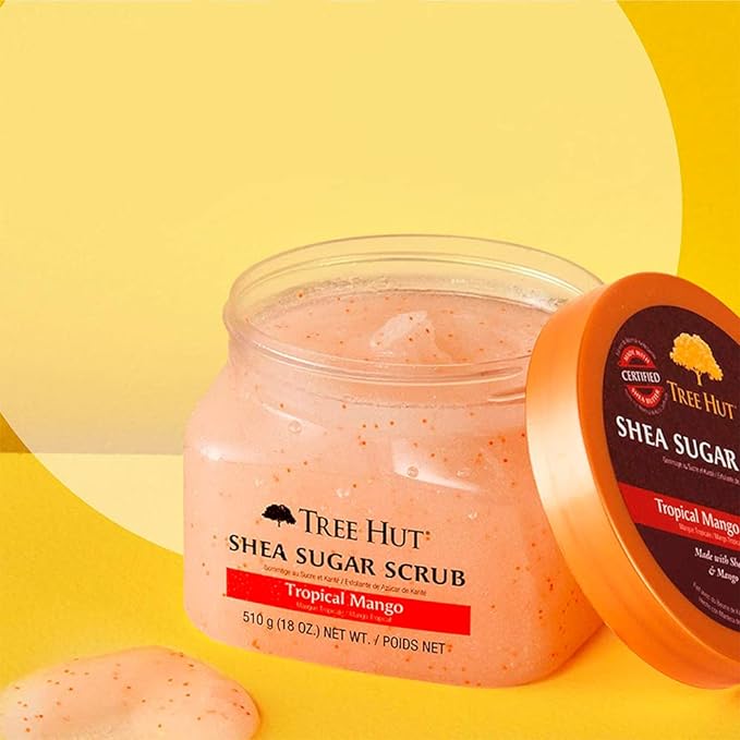 A TREE HUT, Tropical Mango Shea Sugar Scrub, Exfoliante Corporal de Azúcar Natural con Manteca de Karité y Esencia de Mango, Exfolia e Hidrata la Piel, 510 gramos.