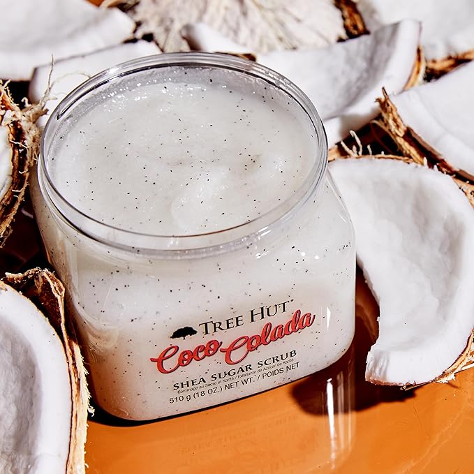 A TREE HUT, Coco Colada Shea Sugar Scrub, Exfoliante Corporal de Azúcar Natural con Manteca de Karité y Esencia de Coco y Piña, Exfolia e Hidrata la Piel, 510 gramos.