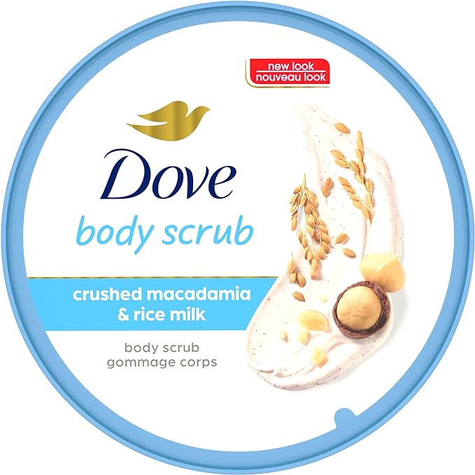 A Dove, Exfoliating Body Polish, Macadamia and Rice Milk, Exfoliante Corporal, Macadamia y Leche de Arroz, Piel Suave y Nutrida, Sin Sulfatos, 298 gramos.