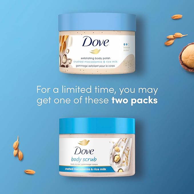 A Dove, Exfoliating Body Polish, Macadamia and Rice Milk, Exfoliante Corporal, Macadamia y Leche de Arroz, Piel Suave y Nutrida, Sin Sulfatos, 298 gramos.