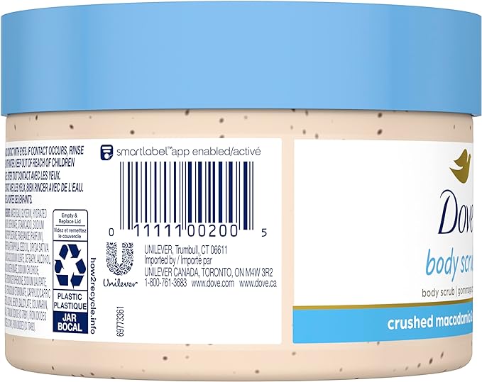 A Dove, Exfoliating Body Polish, Macadamia and Rice Milk, Exfoliante Corporal, Macadamia y Leche de Arroz, Piel Suave y Nutrida, Sin Sulfatos, 298 gramos.