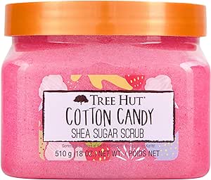 A TREE HUT, Cotton Candy Shea Sugar Scrub, Exfoliante Corporal de Azúcar Natural con Manteca de Karité y Esencia de Algodón de Azúcar, Exfolia e Hidrata la Piel, 510 gramos.
