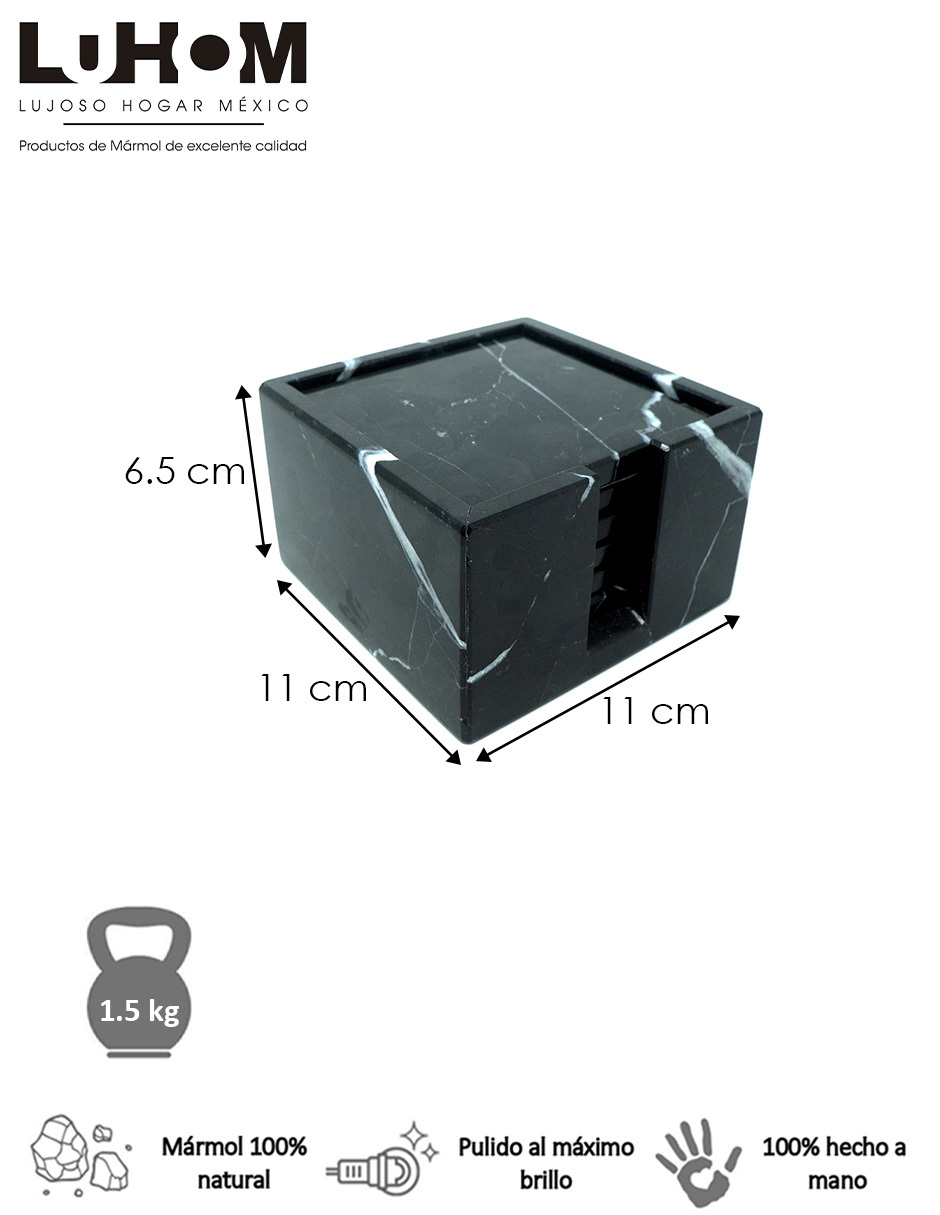 LUHOM LUJOSO HOGAR MEXICO Set de 6 Portavasos cuadrado de Mármol Natural, Negro Monterrey 