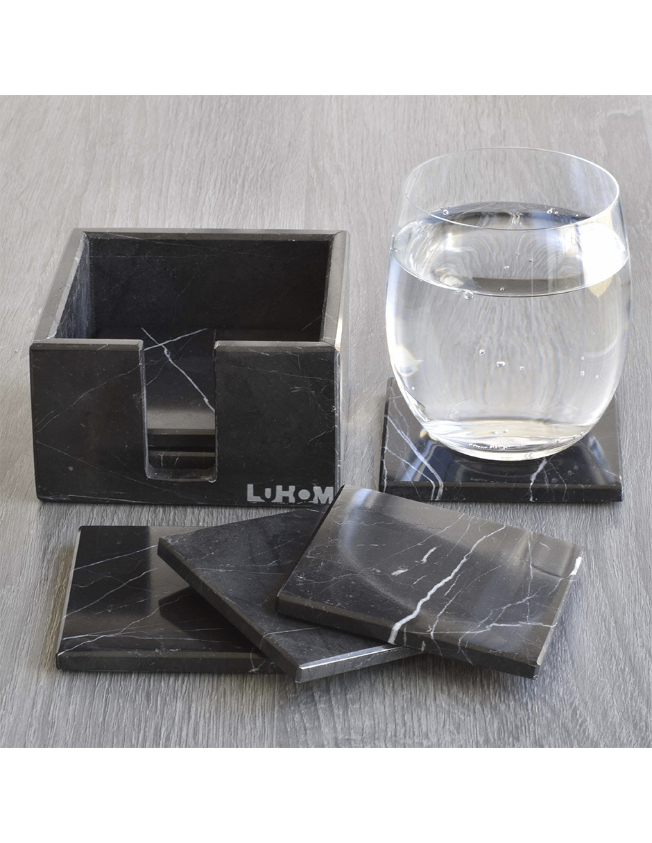 LUHOM LUJOSO HOGAR MEXICO Set de 6 Portavasos cuadrado de Mármol Natural, Negro Monterrey 