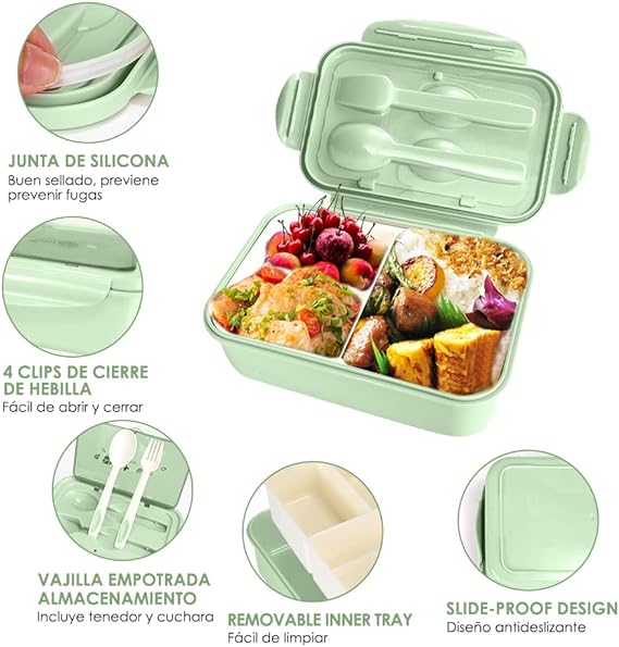 SlowTon Loncheras para Niños Adultos Gran Capacidad, Caja Bento de Fugas con Compartimentos y Termo de Sopa, Caja Fiambrera Sellada Kit para Microondas y Cubiertos (Verde-Dinosaurio, 27PCS).