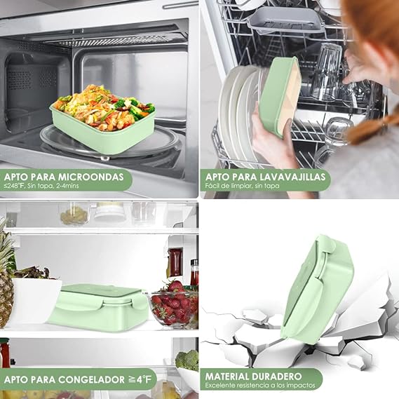 SlowTon Loncheras para Niños Adultos Gran Capacidad, Caja Bento de Fugas con Compartimentos y Termo de Sopa, Caja Fiambrera Sellada Kit para Microondas y Cubiertos (Verde-Dinosaurio, 27PCS).