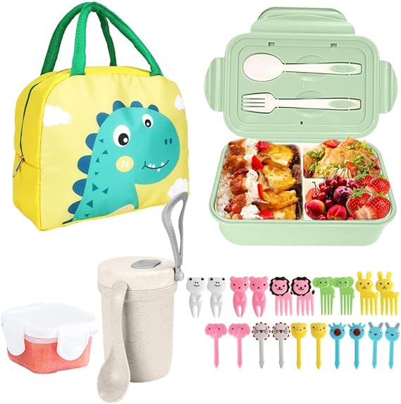 SlowTon Loncheras para Niños Adultos Gran Capacidad, Caja Bento de Fugas con Compartimentos y Termo de Sopa, Caja Fiambrera Sellada Kit para Microondas y Cubiertos (Verde-Dinosaurio, 27PCS).