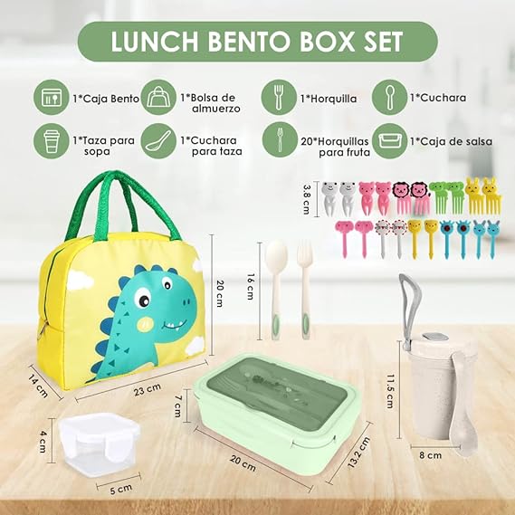 SlowTon Loncheras para Niños Adultos Gran Capacidad, Caja Bento de Fugas con Compartimentos y Termo de Sopa, Caja Fiambrera Sellada Kit para Microondas y Cubiertos (Verde-Dinosaurio, 27PCS).