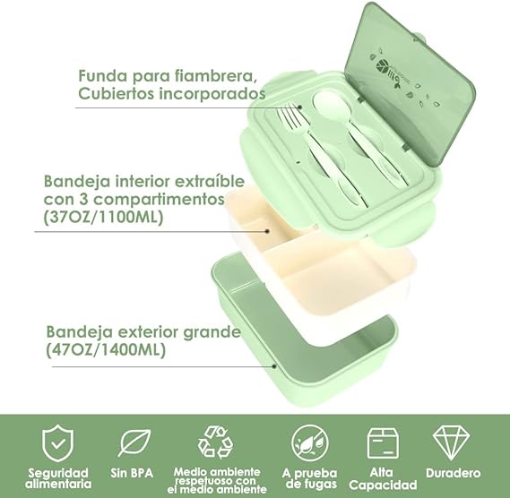 SlowTon Loncheras para Niños Adultos Gran Capacidad, Caja Bento de Fugas con Compartimentos y Termo de Sopa, Caja Fiambrera Sellada Kit para Microondas y Cubiertos (Verde-Dinosaurio, 27PCS).
