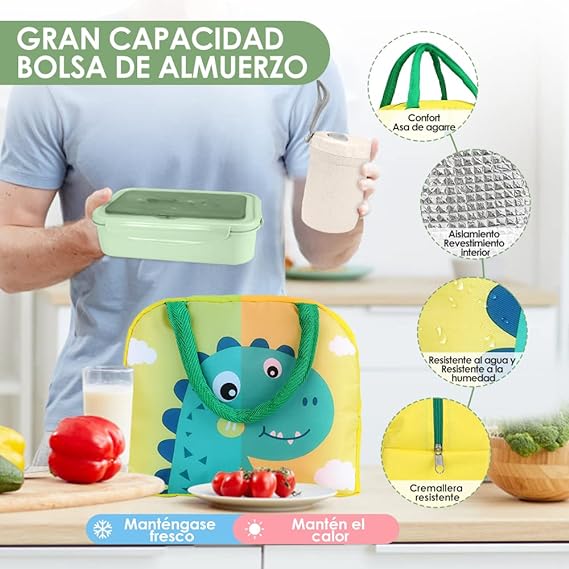 SlowTon Loncheras para Niños Adultos Gran Capacidad, Caja Bento de Fugas con Compartimentos y Termo de Sopa, Caja Fiambrera Sellada Kit para Microondas y Cubiertos (Verde-Dinosaurio, 27PCS).