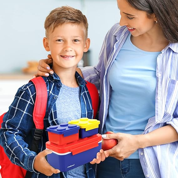 Redlemon Lonchera para Niños con 3 Contenedores Apilables en Forma de Ladrillos de Construcción, Recipientes para Comida Tipo Bento Box con Tapa Hermética, Ideal para Llevar el Lunch, Fácil de Limpiar.