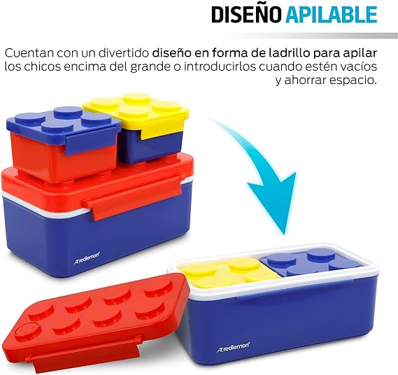 Redlemon Lonchera para Niños con 3 Contenedores Apilables en Forma de Ladrillos de Construcción, Recipientes para Comida Tipo Bento Box con Tapa Hermética, Ideal para Llevar el Lunch, Fácil de Limpiar.