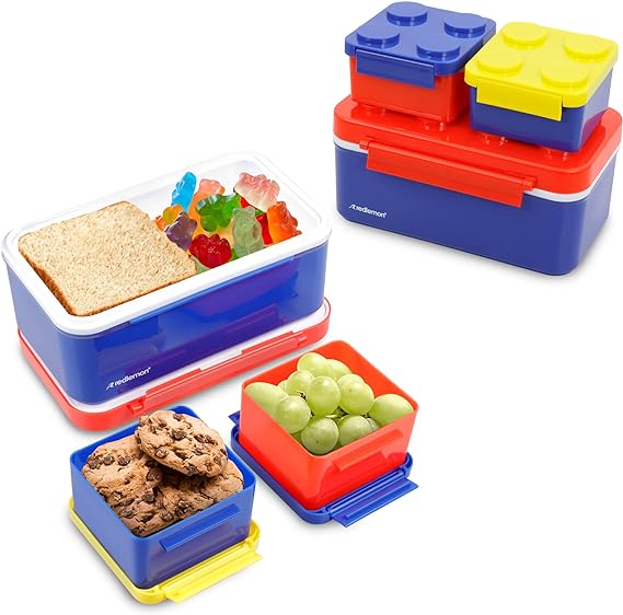 Redlemon Lonchera para Niños con 3 Contenedores Apilables en Forma de Ladrillos de Construcción, Recipientes para Comida Tipo Bento Box con Tapa Hermética, Ideal para Llevar el Lunch, Fácil de Limpiar.