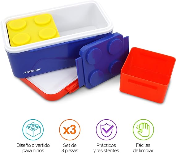 Redlemon Lonchera para Niños con 3 Contenedores Apilables en Forma de Ladrillos de Construcción, Recipientes para Comida Tipo Bento Box con Tapa Hermética, Ideal para Llevar el Lunch, Fácil de Limpiar.