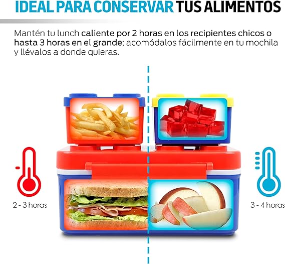 Redlemon Lonchera para Niños con 3 Contenedores Apilables en Forma de Ladrillos de Construcción, Recipientes para Comida Tipo Bento Box con Tapa Hermética, Ideal para Llevar el Lunch, Fácil de Limpiar.