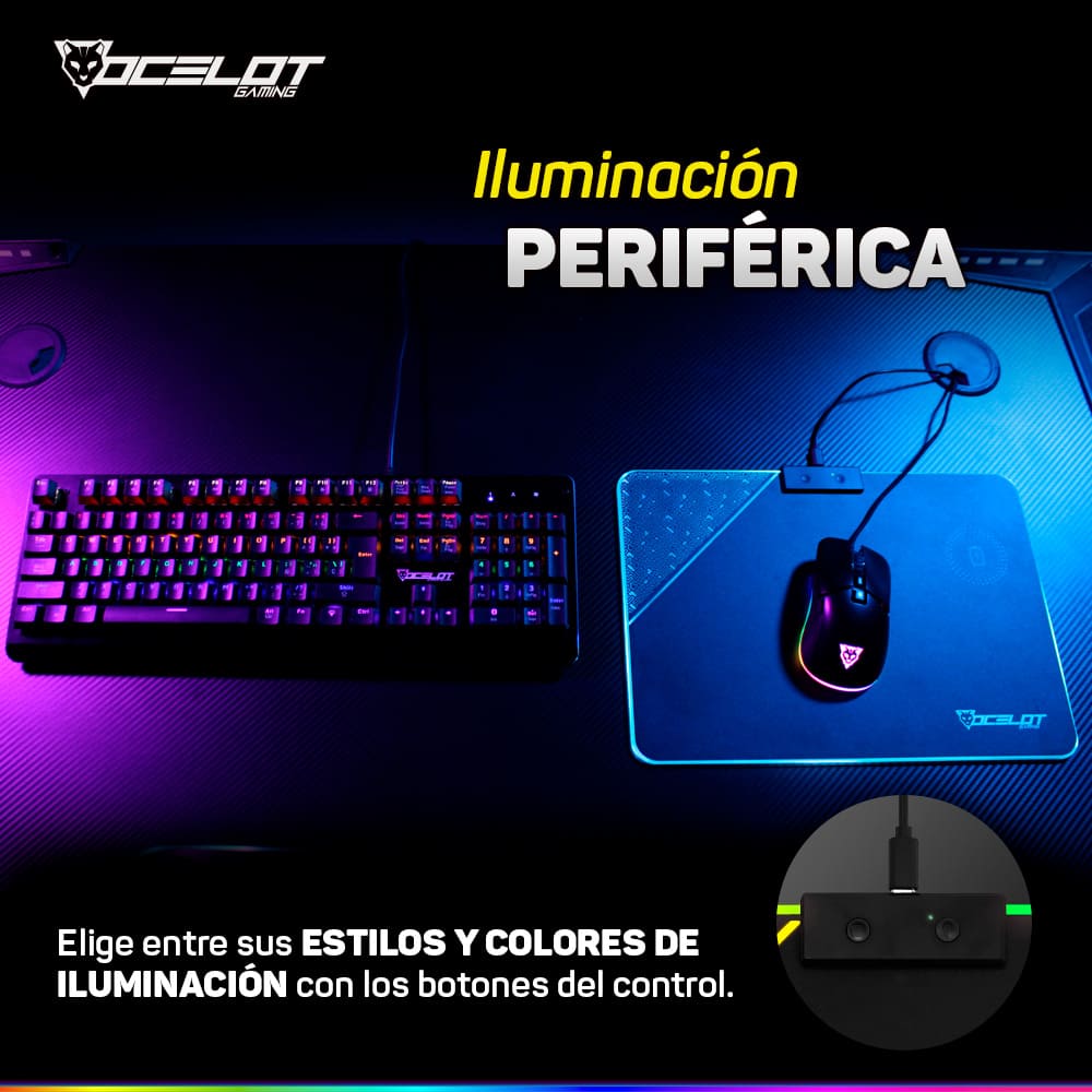 Mousepad Ocelot Gaming OMPR01, Rígido, RGB, 350 mm x 250 mm x 5 mm, con Carga Inalámbrica.