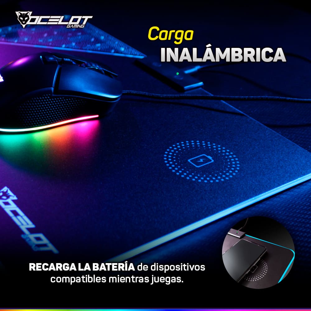 Mousepad Ocelot Gaming OMPR01, Rígido, RGB, 350 mm x 250 mm x 5 mm, con Carga Inalámbrica.