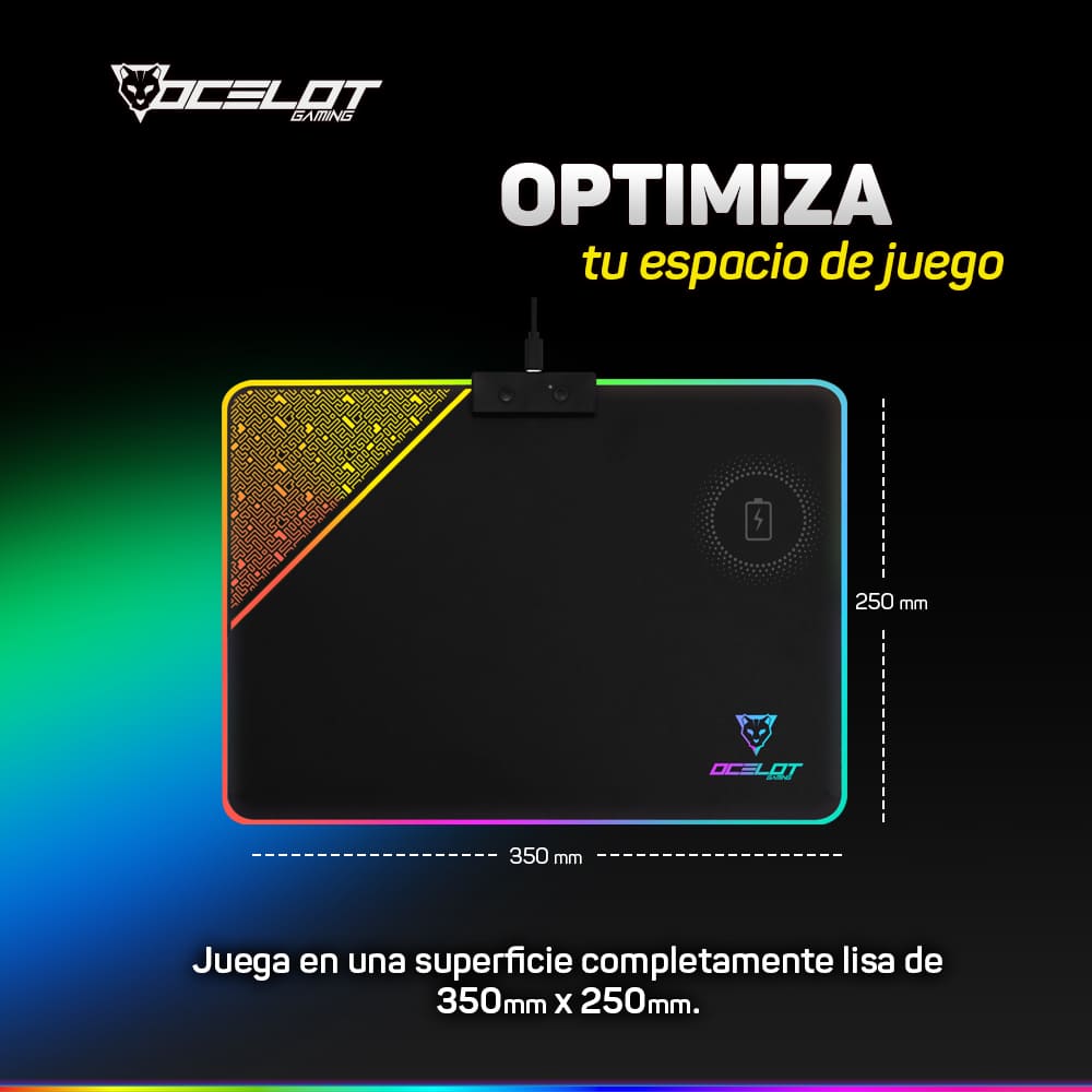 Mousepad Ocelot Gaming OMPR01, Rígido, RGB, 350 mm x 250 mm x 5 mm, con Carga Inalámbrica.