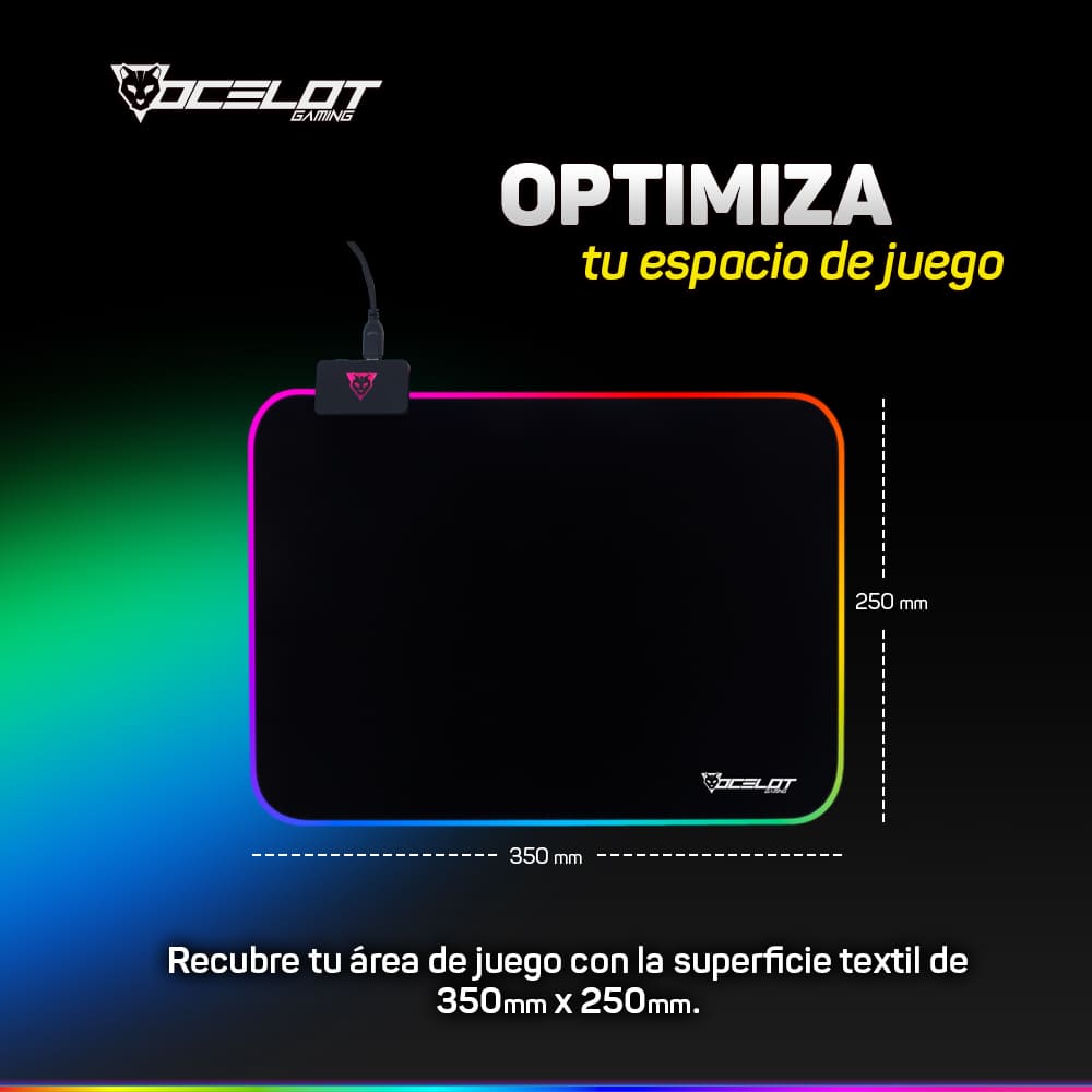 Mousepad Ocelot Gaming OMPR01, Rígido, RGB, 350 mm x 250 mm x 5 mm, con Carga Inalámbrica.