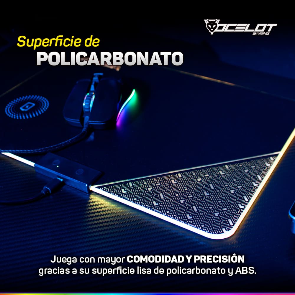 Mousepad Ocelot Gaming OMPR01, Rígido, RGB, 350 mm x 250 mm x 5 mm, con Carga Inalámbrica.