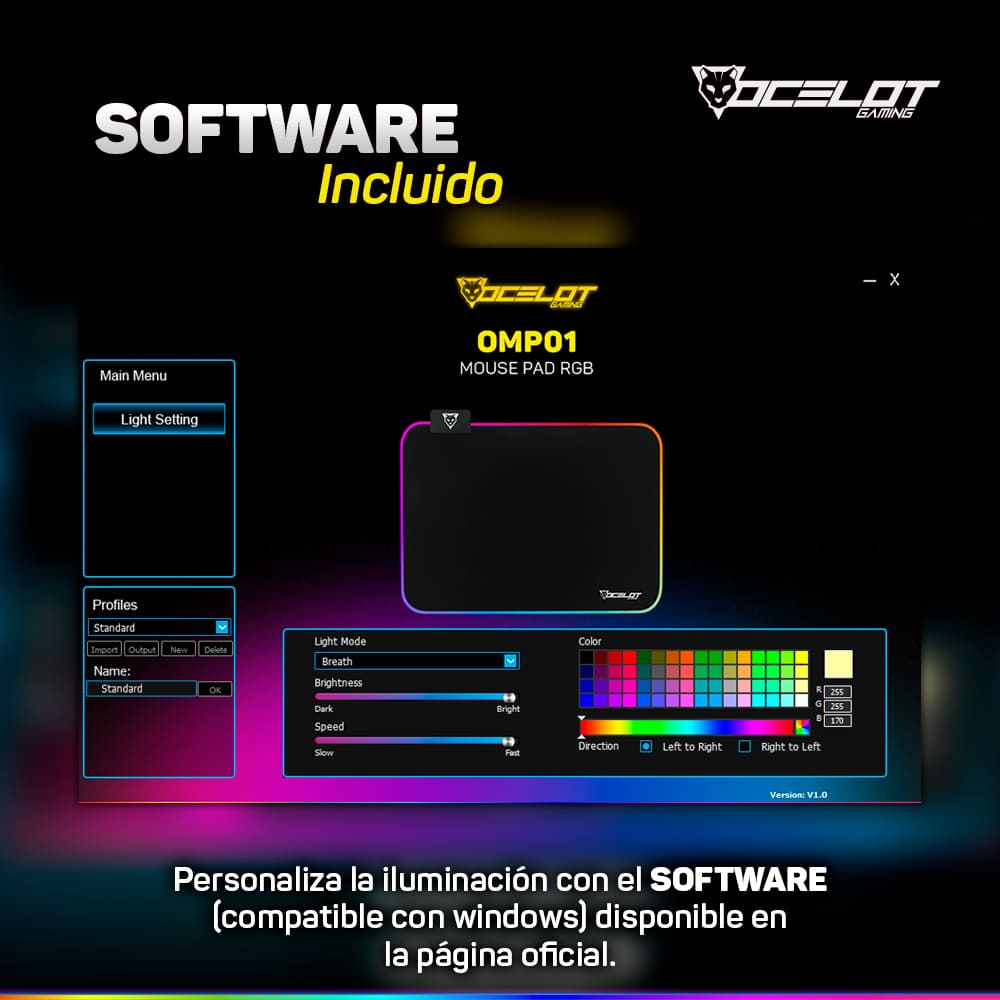 Mousepad Ocelot Gaming OMPR01, Rígido, RGB, 350 mm x 250 mm x 5 mm, con Carga Inalámbrica.