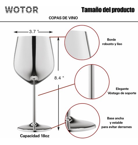 "Copas De Vino De Acero Inoxidable Plateadas 4 pz "