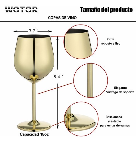 "Copas De Vino De Acero Inoxidable Doradas 4 pz "