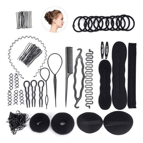 "52 Pcs Donas Para El Cabello Kit Peinado Con Broche Cabello negro ".