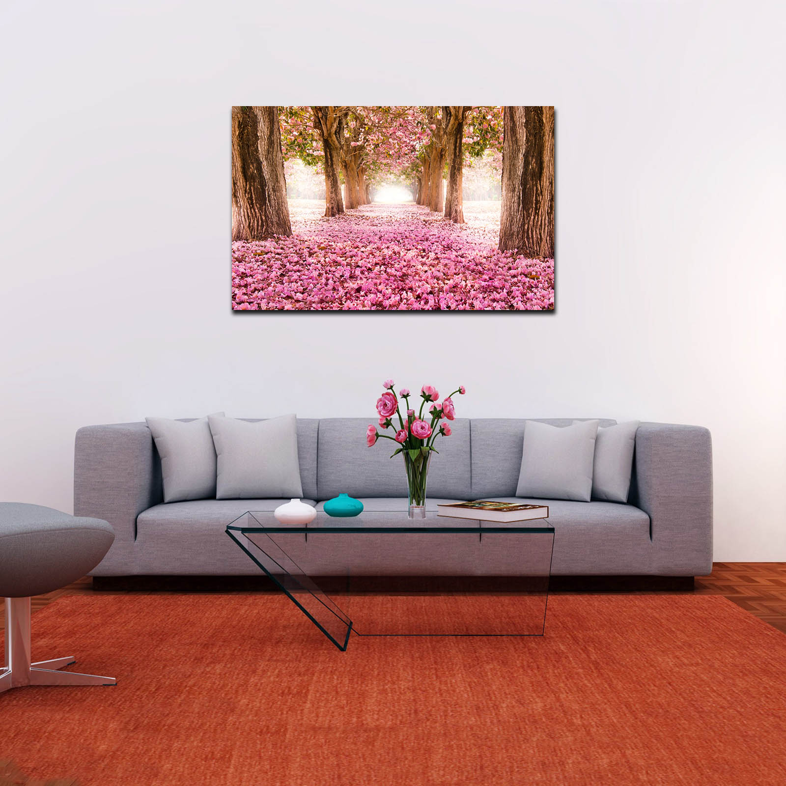 Cuadro Decorativo Canvas Paisaje de camino de pétalos rosas en el bosque de 120 X 60 cm.