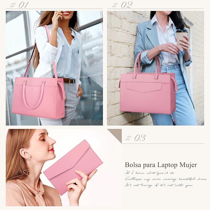 A Bolsa para Laptop Mujer 15.6 Pulgadas 2 Piezas Maletín para Laptop de Cuero Impermeable Bolsa Bandolera para Mujer Tote Bag Grande de Negocios Oficina Viaje (Rosa).